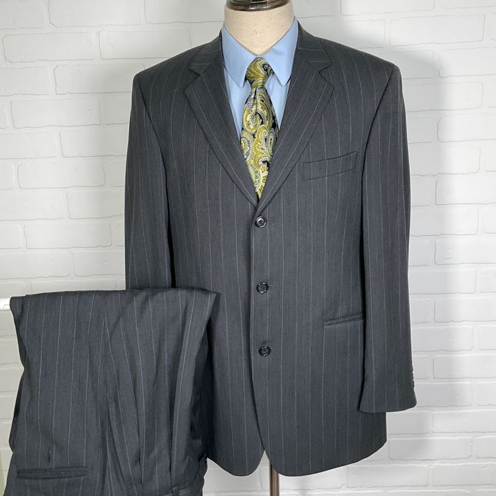 Stafford Suit Men 40R Gray Blue Pinstripe Pleated Classic Business Wool 2pc